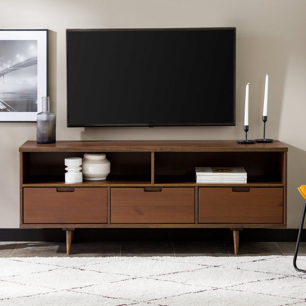 English Elm Walker Edison - Mid-Century Solid Wood 3-Drawer 58" TV Stand with Cord Management, Open Cubbies & Angled Legs Walnut 69 L x 19 W x 6 H B185P169381