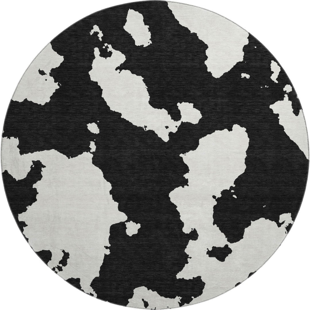 HomeRoots 8' Black And Ivory Abstract Round Rug - Stylish, Washable, UV-Protected for Modern Homes & Easy Care 677001