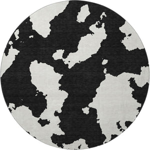 HomeRoots 8' Black And Ivory Abstract Round Rug - Stylish, Washable, UV-Protected for Modern Homes & Easy Care 677001