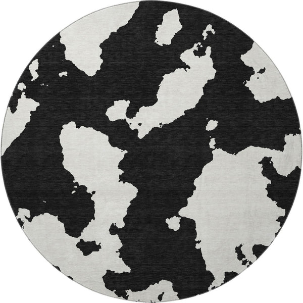 HomeRoots 8' Black And Ivory Abstract Round Rug - Stylish, Washable, UV-Protected for Modern Homes & Easy Care 677001