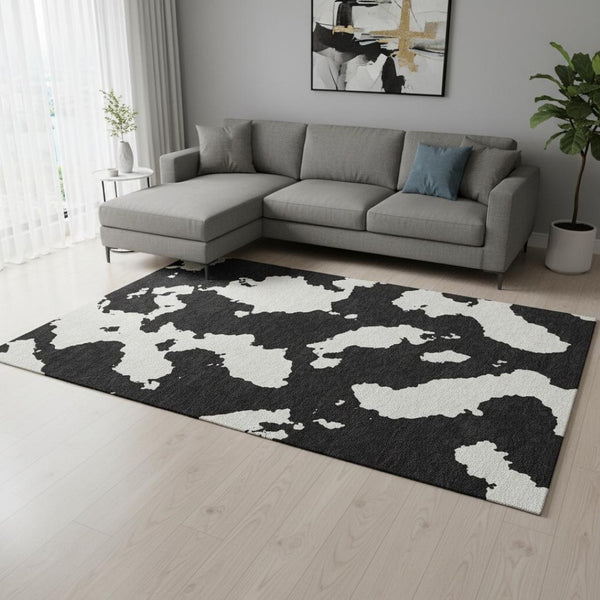 HomeRoots 8' X 10' Black And Ivory Abstract Washable Area Rug - UV Protected, Durable, Stylish, Easy-Care Design 677002