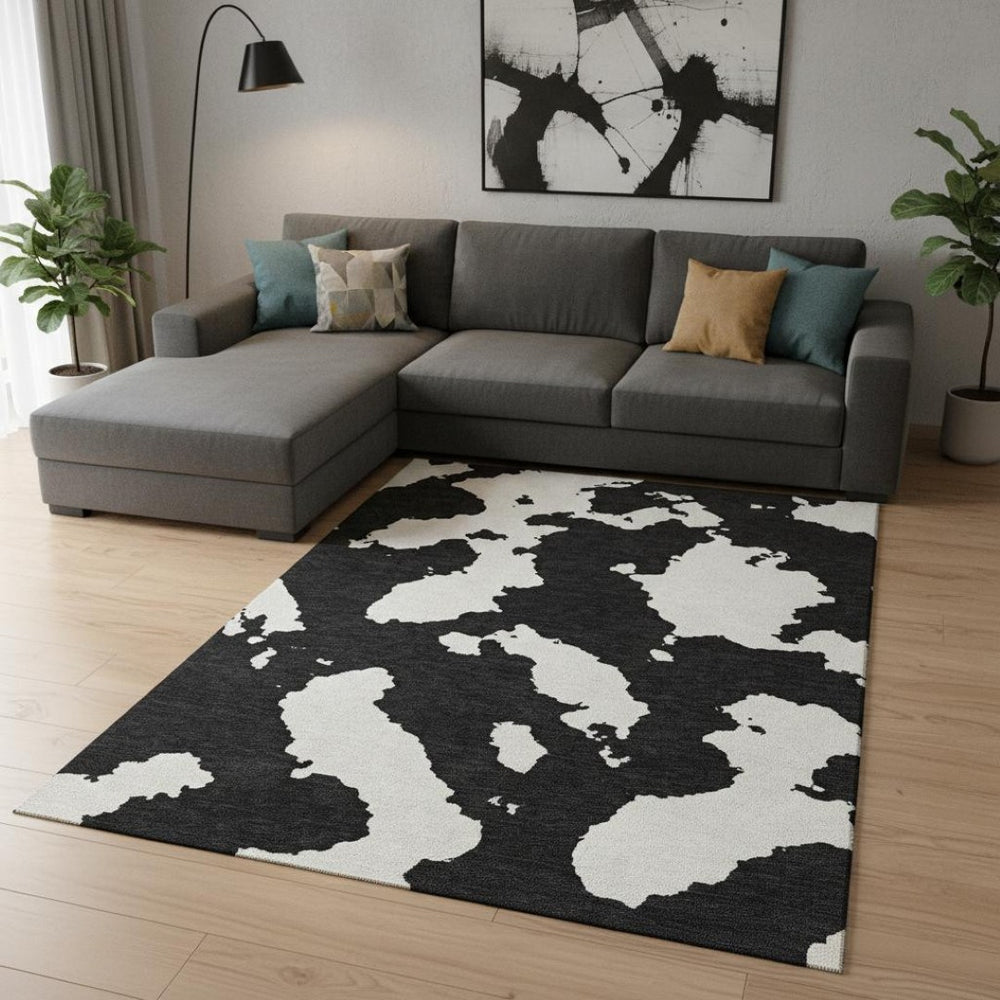 HomeRoots 9' X 12' Black And Ivory Abstract Area Rug – Stylish, Washable, UV-Resistant for High-Traffic Spaces 677003