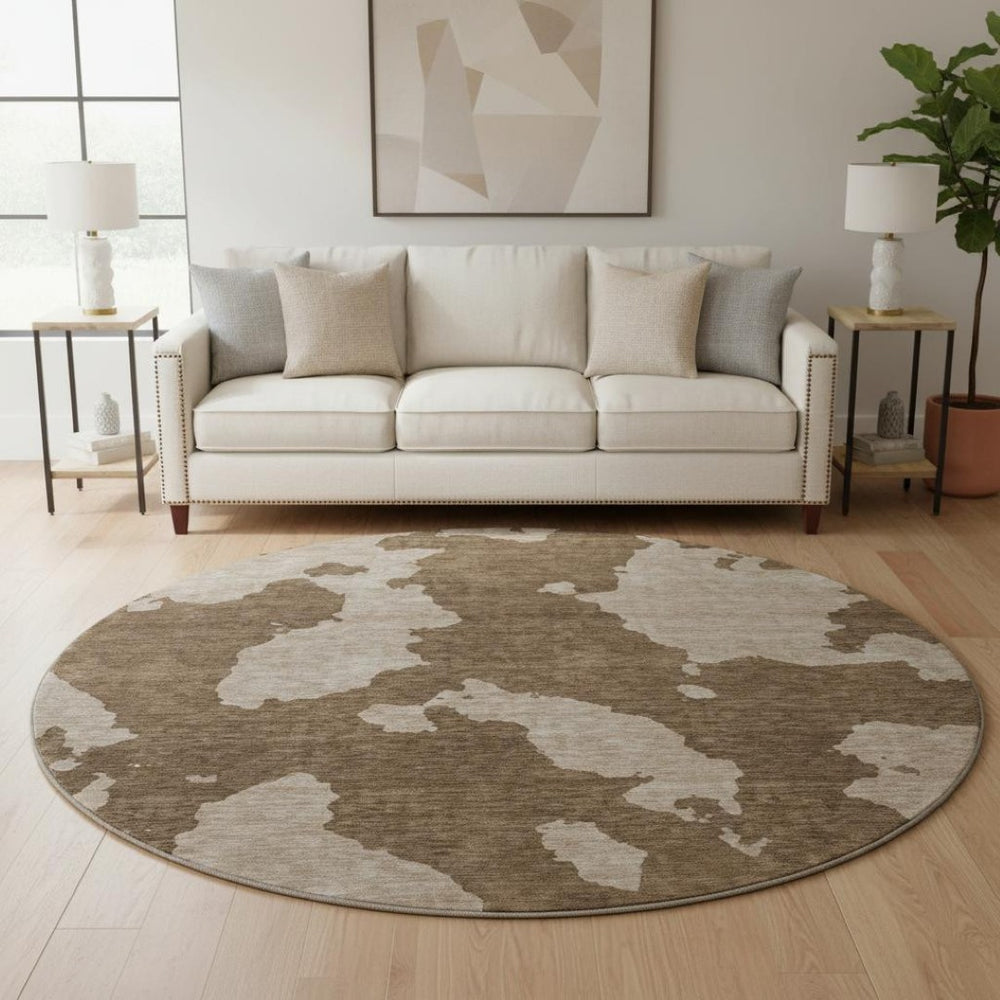 HomeRoots 8' Modern Washable Round Area Rug in Brown & Beige - UV Protected, Stain Resistant & Easy Care! 677007