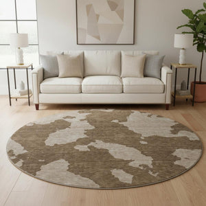 HomeRoots 8' Modern Washable Round Area Rug in Brown & Beige - UV Protected, Stain Resistant & Easy Care! 677007