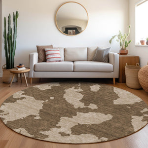 HomeRoots 8' Modern Washable Round Area Rug in Brown & Beige - UV Protected, Stain Resistant & Easy Care! 677007