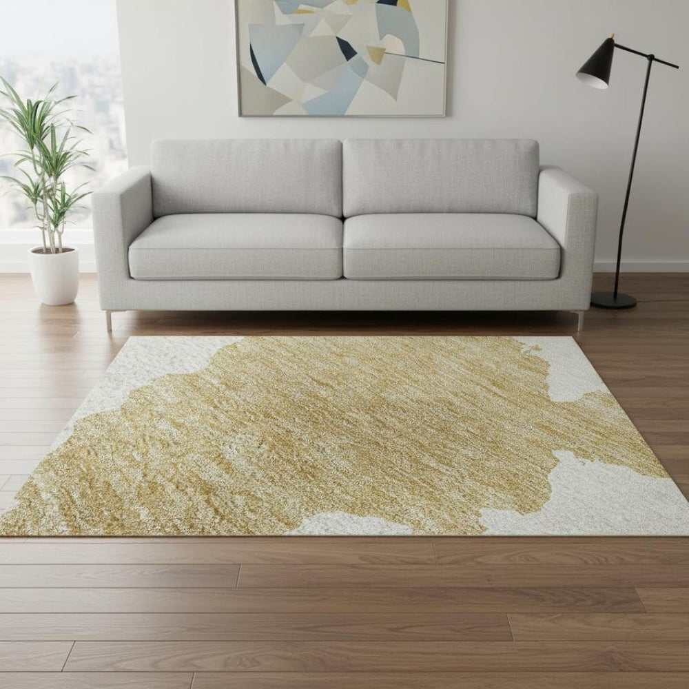 HomeRoots 5' X 8' Gold And Ivory Abstract Washable Area Rug – Stylish, Durable, Stain-Resistant with UV Protection 677018