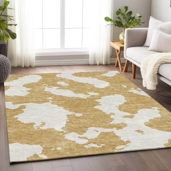 HomeRoots 5' X 8' Gold And Ivory Abstract Washable Area Rug – Stylish, Durable, Stain-Resistant with UV Protection 677018