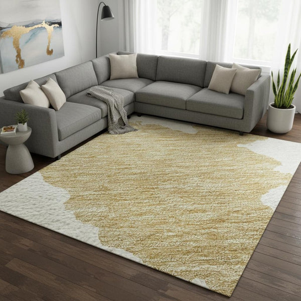 HomeRoots 8' X 10' Gold and Ivory Abstract Washable Area Rug - Stain Resistant, UV Protected, Modern Style! 677020