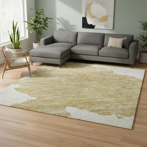 HomeRoots 10' X 14' Gold and Ivory Abstract Washable Area Rug with UV Protection for Family-Friendly Homes 677022