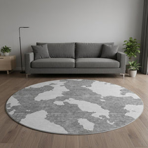 HomeRoots 8' Gray and Ivory Abstract Round Rug - Soft, Durable, Stain-Resistant, UV-Protected for Modern Spaces 677025