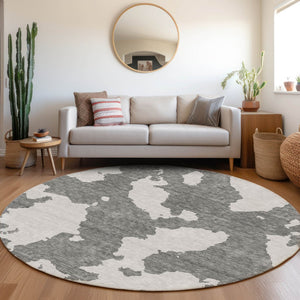 HomeRoots 8' Gray and Ivory Abstract Round Rug - Soft, Durable, Stain-Resistant, UV-Protected for Modern Spaces 677025