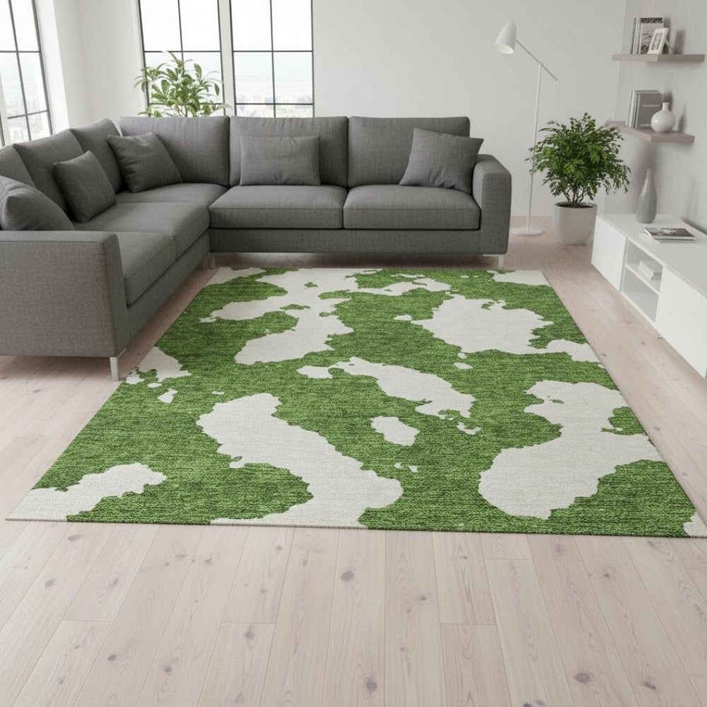 HomeRoots 9' X 12' Green And White Abstract Washable Area Rug – Durable, UV-Protected for High-Traffic Spaces 677033