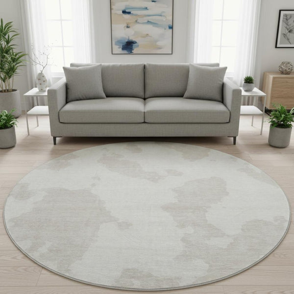 HomeRoots 8' Ivory and Beige Abstract Washable Round Rug with UV Protection, Ideal for High-Traffic Spaces 677037