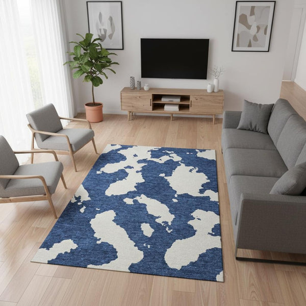 HomeRoots 5' Navy Blue & Ivory Abstract Washable Area Rug – Durable, UV Protected, Perfect for Kids & Pets 677042