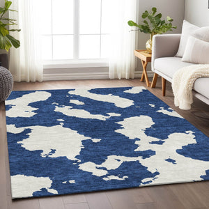 HomeRoots 5' Navy Blue & Ivory Abstract Washable Area Rug – Durable, UV Protected, Perfect for Kids & Pets 677042