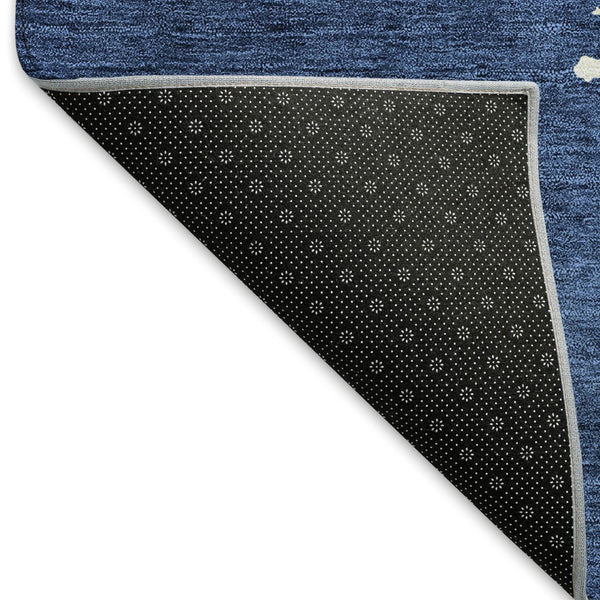 HomeRoots 5' Navy Blue & Ivory Abstract Washable Area Rug – Durable, UV Protected, Perfect for Kids & Pets 677042