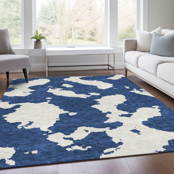 HomeRoots 5' Navy Blue & Ivory Abstract Washable Area Rug – Durable, UV Protected, Perfect for Kids & Pets 677042