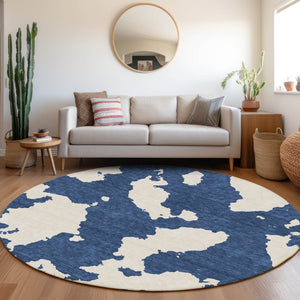 HomeRoots 8' Navy Blue and Ivory Abstract Washable Round Rug - Stylish, Durable, Stain-Resistant, UV Protected 677043