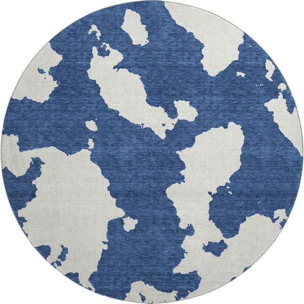 HomeRoots 8' Navy Blue and Ivory Abstract Washable Round Rug - Stylish, Durable, Stain-Resistant, UV Protected 677043