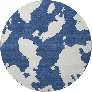 HomeRoots 8' Navy Blue and Ivory Abstract Washable Round Rug - Stylish, Durable, Stain-Resistant, UV Protected 677043