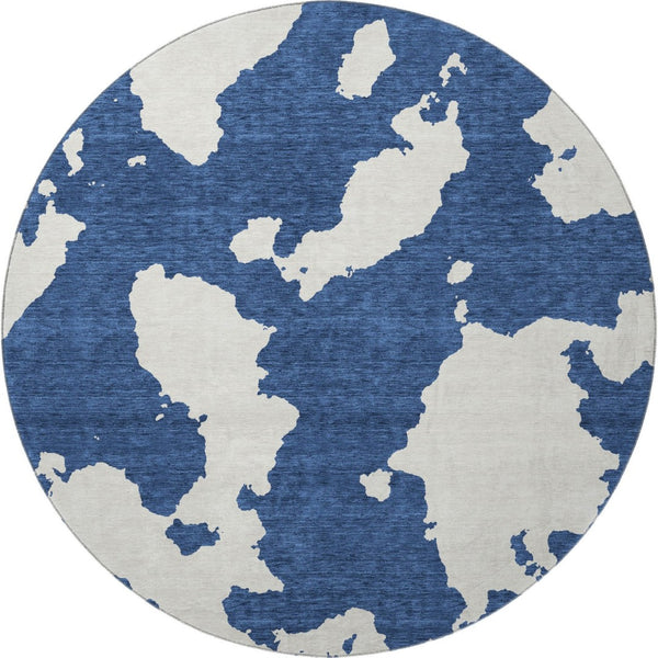 HomeRoots 8' Navy Blue and Ivory Abstract Washable Round Rug - Stylish, Durable, Stain-Resistant, UV Protected 677043