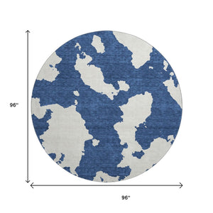 HomeRoots 8' Navy Blue and Ivory Abstract Washable Round Rug - Stylish, Durable, Stain-Resistant, UV Protected 677043