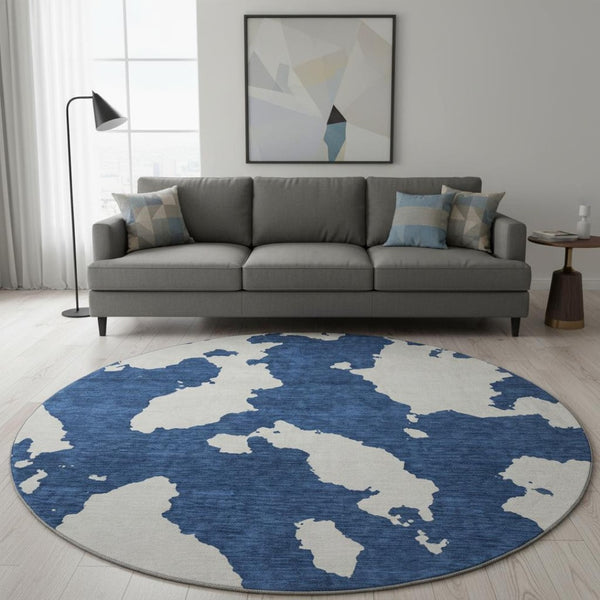 HomeRoots 8' Navy Blue and Ivory Abstract Washable Round Rug - Stylish, Durable, Stain-Resistant, UV Protected 677043