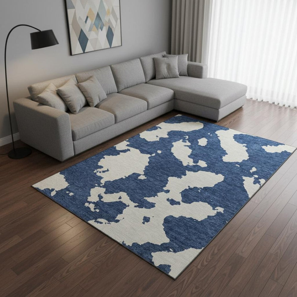 HomeRoots 9' X 12' Navy Blue and Ivory Abstract Area Rug - Washable, Stain Resistant, UV Protected for Durability 677045