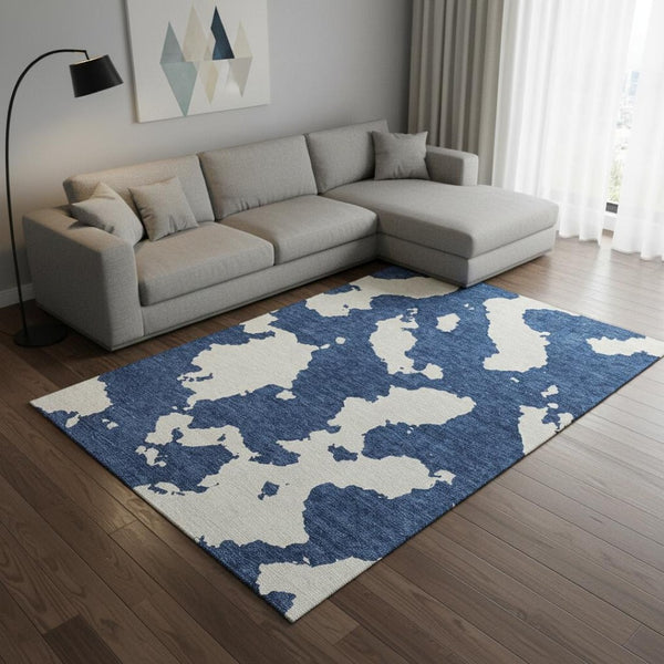 HomeRoots 10' X 14' Navy Blue & Ivory Abstract Area Rug - Washable, UV-Protected, Perfect for Homes with Kids & Pets 677046