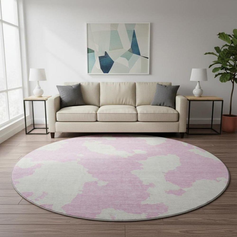 HomeRoots 8' Pink And Ivory Modern Abstract Round Rug - Washable, UV-Protected, Ideal for Living Spaces 677049
