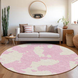HomeRoots 8' Pink And Ivory Modern Abstract Round Rug - Washable, UV-Protected, Ideal for Living Spaces 677049