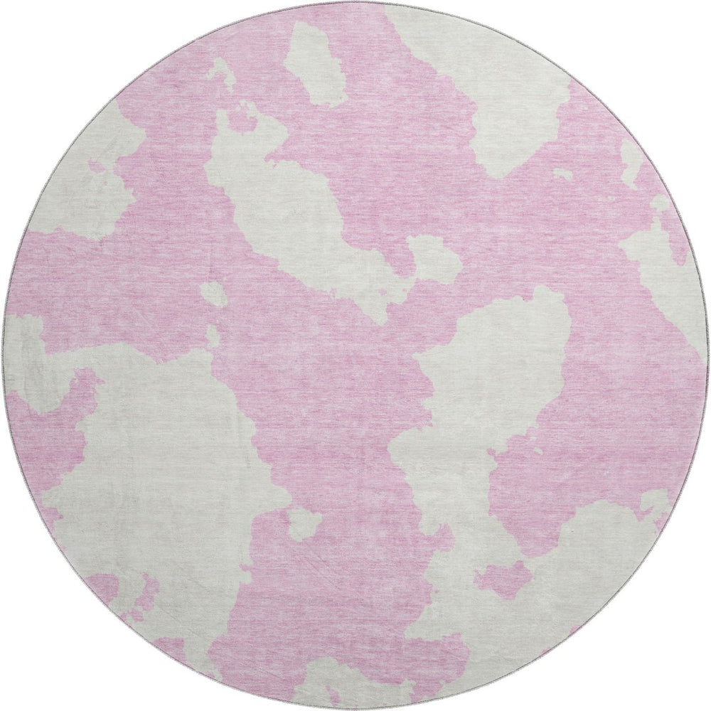 HomeRoots 8' Pink And Ivory Modern Abstract Round Rug - Washable, UV-Protected, Ideal for Living Spaces 677049
