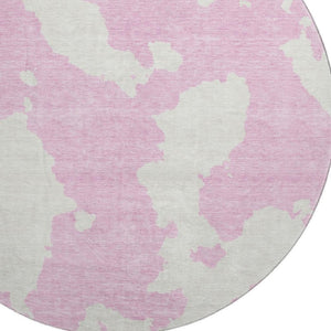 HomeRoots 8' Pink And Ivory Modern Abstract Round Rug - Washable, UV-Protected, Ideal for Living Spaces 677049