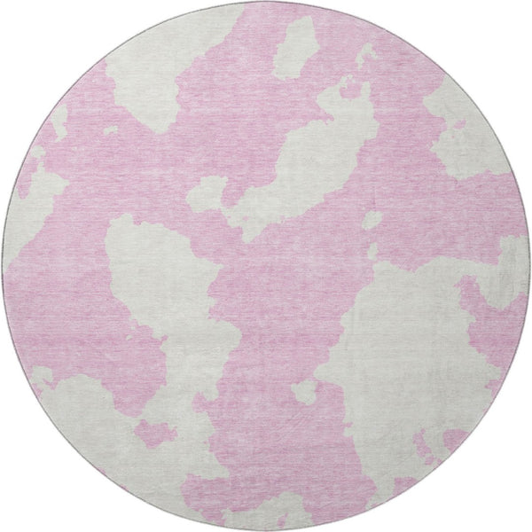 HomeRoots 8' Pink And Ivory Modern Abstract Round Rug - Washable, UV-Protected, Ideal for Living Spaces 677049