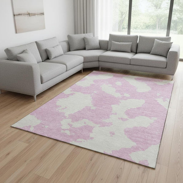 HomeRoots 9' X 12' Stylish Pink and Ivory Abstract Area Rug – Washable, UV-Protected, Ideal for Modern Homes 677051