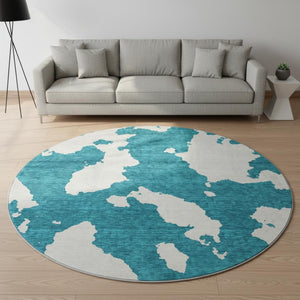 HomeRoots 8' Teal and Ivory Round Rug - Modern Abstract Design, Washable, UV Protected, Stain-Resistant! 677055