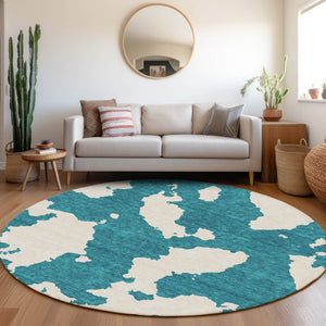HomeRoots 8' Teal and Ivory Round Rug - Modern Abstract Design, Washable, UV Protected, Stain-Resistant! 677055