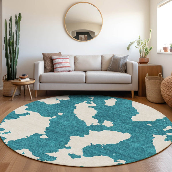 HomeRoots 8' Teal and Ivory Round Rug - Modern Abstract Design, Washable, UV Protected, Stain-Resistant! 677055