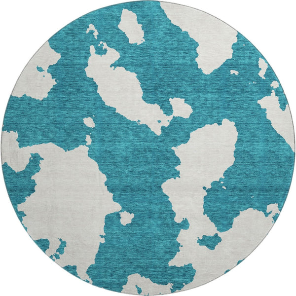 HomeRoots 8' Teal and Ivory Round Rug - Modern Abstract Design, Washable, UV Protected, Stain-Resistant! 677055