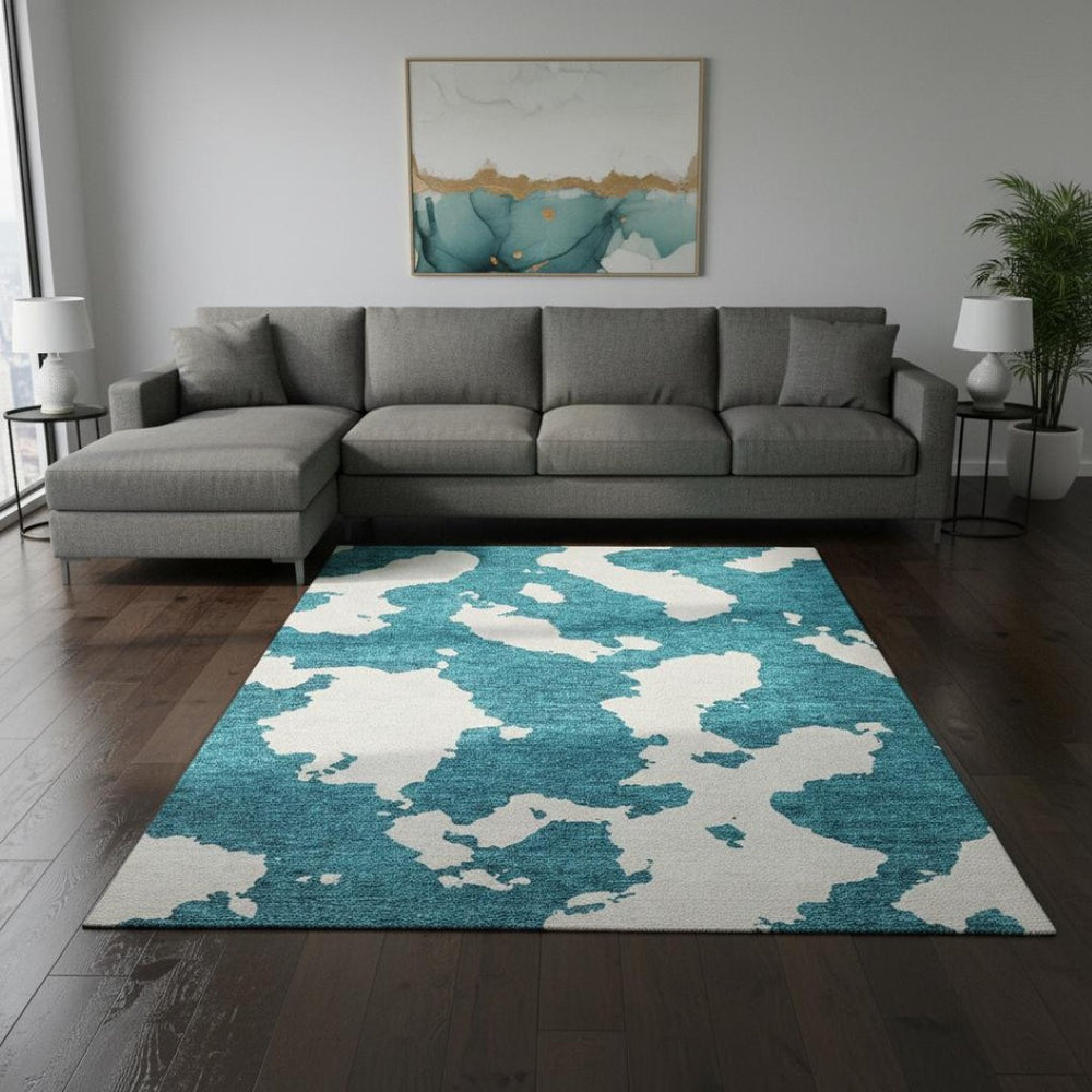 HomeRoots 8' X 10' Teal and Ivory Abstract Area Rug - Washable, UV-Protected, Stylish & Pet-Friendly Design! 677056