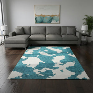 HomeRoots 8' X 10' Teal and Ivory Abstract Area Rug - Washable, UV-Protected, Stylish & Pet-Friendly Design! 677056