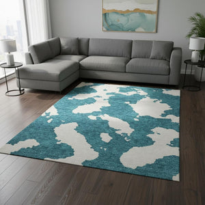 HomeRoots 9' X 12' Teal and Ivory Abstract Area Rug - Washable, Stain-Resistant, UV-Protected, Durable Design 677057