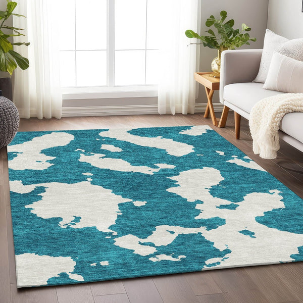 HomeRoots 9' X 12' Teal and Ivory Abstract Area Rug - Washable, Stain-Resistant, UV-Protected, Durable Design 677057