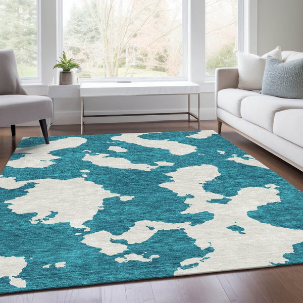 HomeRoots 9' X 12' Teal and Ivory Abstract Area Rug - Washable, Stain-Resistant, UV-Protected, Durable Design 677057