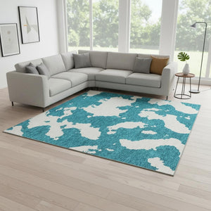 HomeRoots 10' X 14' Teal and Ivory Abstract Area Rug - Washable, UV Protected, Stain Resistant for Active Homes 677058