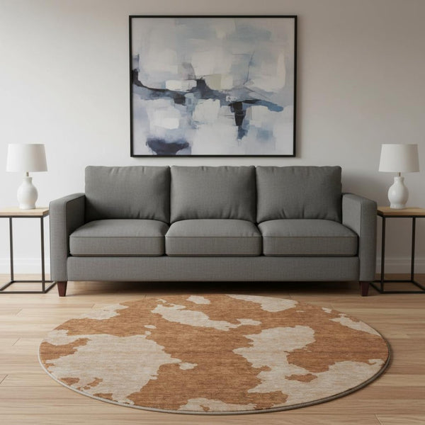 HomeRoots 8' Washable Terra Cotta & Beige Abstract Round Rug with UV Protection for Indoor & Outdoor Use 677061