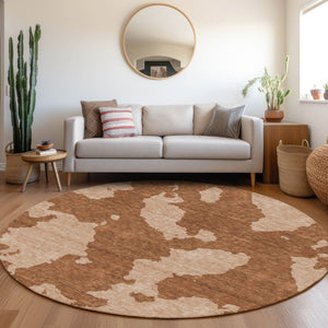 HomeRoots 8' Washable Terra Cotta & Beige Abstract Round Rug with UV Protection for Indoor & Outdoor Use 677061