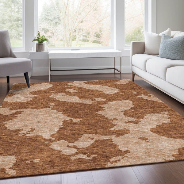 HomeRoots 8' X 10' Terra Cotta & Beige Abstract Washable Area Rug - Stylish, Durable, UV-Resistant for Homes 677062
