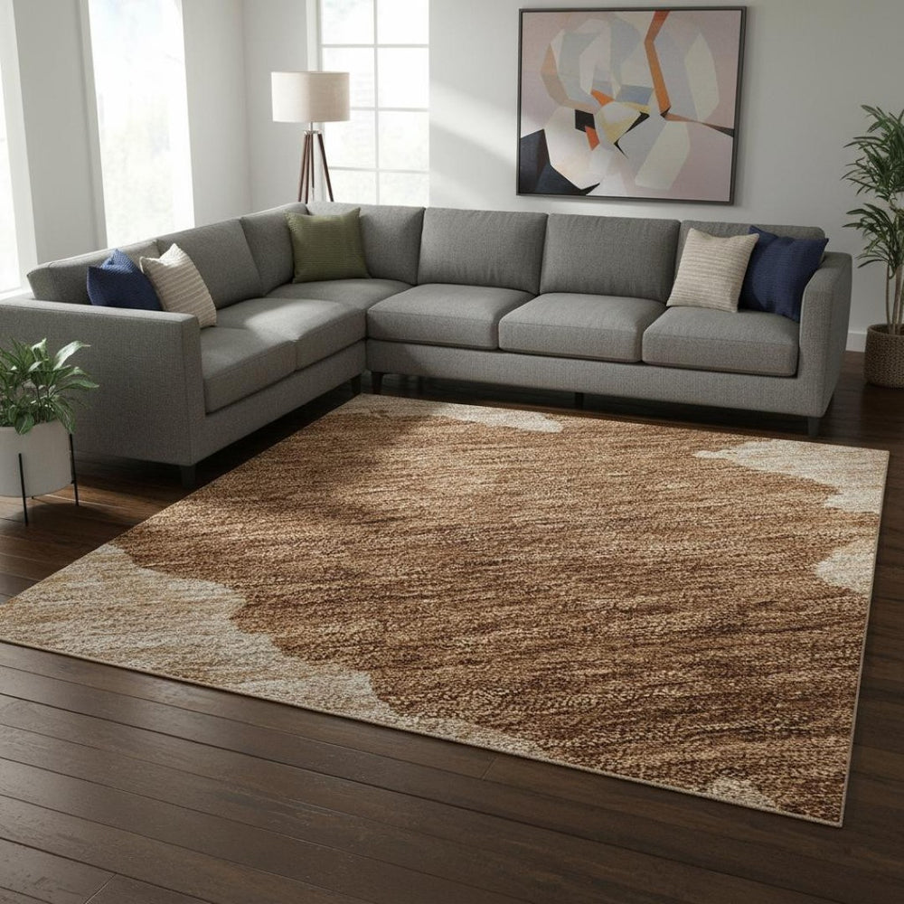 HomeRoots 9' X 12' Terra Cotta & Beige Abstract Area Rug - Washable, UV Protected, Stylish & Durable Design 677063