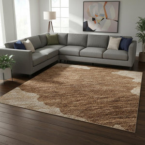 HomeRoots 9' X 12' Terra Cotta & Beige Abstract Area Rug - Washable, UV Protected, Stylish & Durable Design 677063
